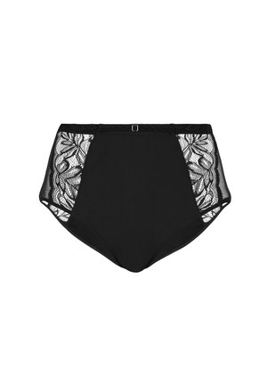 Bragas negras de cintura alta con paneles laterales de encaje transparente con motivos florales y una cintura decorativa con un pequeño anillo de metal como adorno.