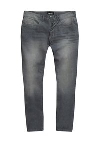 Grå denimjeans med en blekt finish, femficksdesign, knapp- och dragkedjestängning, rak benprofil och subtila texturvariationer.