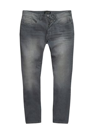 Jeans de mezclilla gris con un acabado desgastado, diseño de cinco bolsillos, cierre de botón y cremallera, corte recto y variaciones sutiles en la textura.