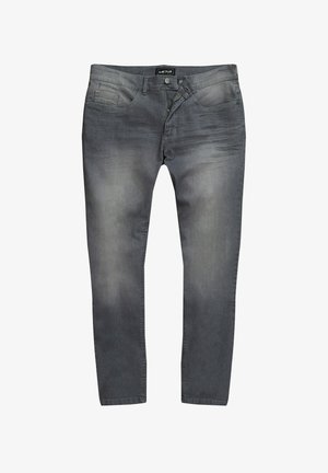 Grå denim jeans med en falmet finish, fem-lomme design, knap- og lynlåslukning, lige ben og subtile teksturvariationer.