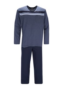 Navy Lounge-Set mit einem langärmligen gestreiften Oberteil mit Tasche und einfarbigen navyfarbenen Hosen. Hergestellt aus weichem, atmungsaktivem Material.