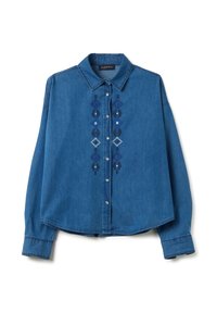 Blaue Jeanshemd mit Kragen, langen Ärmeln und Knopfleiste. Verfügbar mit komplizierten, marineblauen und blauen gestickten Mustern entlang der Mitte.