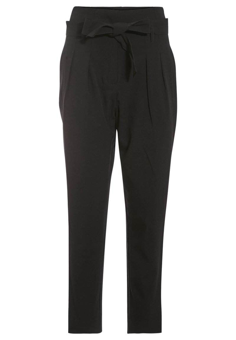 Pantalons noirs ajustés avec une taille haute, dotés d'une ceinture à nouer et de plis, jambes fuselées, tissu lisse et sans poches visibles.