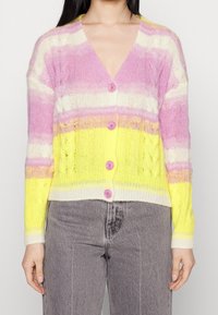 Knit cardigan with pink, white, and yellow stripes; v-neck design; five pink buttons; textured pattern; long sleeves; relaxed fit.