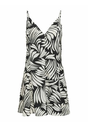 Melnās un baltās bezpiepes kleitas ar V-veida kaklu, lapu rakstu, pogu detaļām un izplestu, teksturētu apakšmalu.