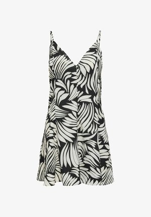 Zwart-witte mouwloze jurk met een V-hals, bladpatroon, knoopdetails en een uitlopende, gestructureerde zoom.