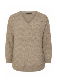 Beżowy sweter z dzianiny z dekoltem w serek, z teksturowanym wzorem w zygzaki. Długie rękawy i luźny krój. Miękki materiał, idealny na casualowe okazje.