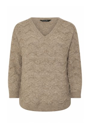 Beige gebreide trui met een V-hals, voorzien van een textuur met zigzagpatroon. Lange mouwen en een relaxte pasvorm. Zacht materiaal, geschikt voor casual kleding.