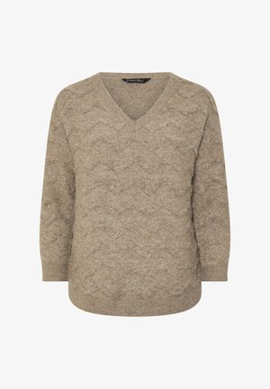 Beige knitted sweater with a V-neck, featuring a textured zigzag pattern. Long sleeves and a relaxed fit. Soft material, suitable for casual wear.