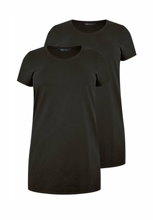 To ensfarvede sorte t-shirts med korte ærmer og rund hals lagt lagvis, der viser fronten af begge uden synlige mønstre eller logoer.