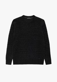 Maglione nero lavorato a maglia con superficie testurizzata, scollo a girocollo, maniche lunghe e un piccolo logo vicino all'orlo.