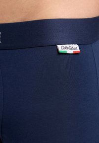 Marinblå stretchshorts med en sömlös midja. Har en etikett med varumärkesnamn och italienska flaggfärger. Slät textur.