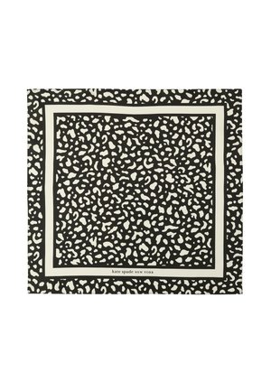 Czarno-biała kwadratowa chusta z nieregularnym wzorem w cętki oraz dwoma kontrastującymi obramowaniami, logo "kate spade new york" na dolnym brzegu.