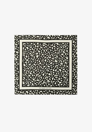 Zwart-wit vierkante sjaal met onregelmatig gevlekt patroon en twee contrasterende randen, "kate spade new york" logo aan de onderrand.