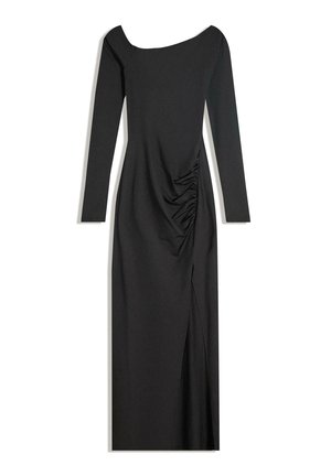 Schwarzes langärmliges Kleid mit schulterfreier Ausschnittform, gerafftem Seitendetail und einem hohen Schlitz bis zum Oberschenkel. Hergestellt aus glattem, dehnbarem Stoff.