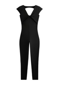 Zwarte jumpsuit met korte mouwen, diepe V-hals en gedraaide voorkant. Strakke, getailleerde silhoeet met lange benen en een uitgesneden rug.