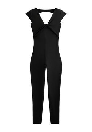 Black jumpsuit with short sleeves, deep V-neck, and twisted front design. Sleek, fitted silhouette with long legs and a cutout back.