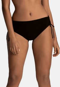 Schwarze Bikinihöschen mit seitlichen Bindebändern und einem gerafften Design. Das Material wirkt glatt mit einem leichten Glanz.