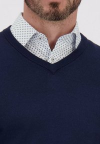 Man in een marineblauwe V-halstrui over een wit overhemd met een klein blauw ruitpatroon, waarbij de nek en onderkant van het gezicht zichtbaar zijn.