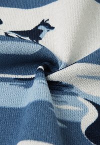 Nėriniuotas audinys su mėlynų ir baltų bangų raštu, kuriame yra šuns siluetas. Tekstūra atrodo minkšta ir šiek tiek raukšlėta.