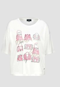 Bílý tričko s krátkým rukávem, které má grafický potisk růžových tašek s černými obrysy a nápisem "my love bag" v hravém designu.