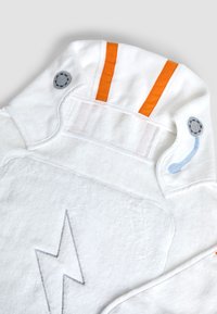 White hooded towel with orange stripes and embroidered space helmet details, including a gray lightning bolt and communication icons.