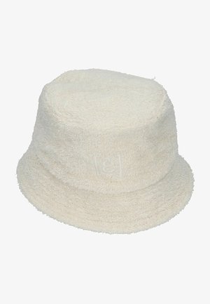Weißer Frottee-Bucket-Hat mit einer strukturierten Oberfläche und einer leicht gerundeten Oberseite. Verfügt über ein dezentes, geprägt Logo an der Seite.