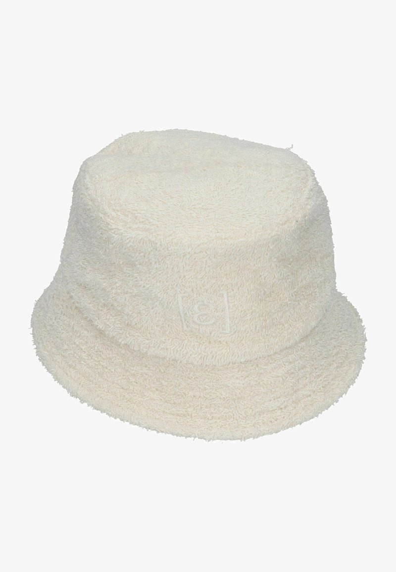 White terry cloth bucket hat with a textured surface and a slightly rounded top. Features a subtle embossed logo on the side.