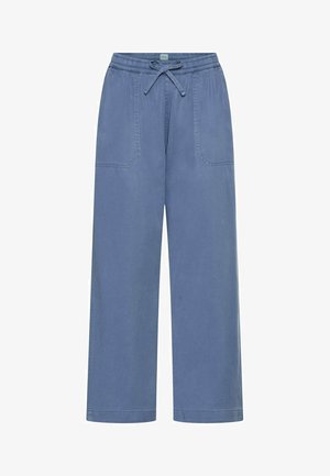 Loose-fit blue pants with elastic waistband and drawstring, featuring front patch pockets and wide straight legs.