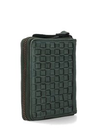 Dark green leather wallet with woven texture, zip closure, and bronze-colored hardware. Compact rectangular shape, detailed stitching.