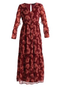 Longue robe bordeaux à manches longues, avec un décolleté en V et un motif floral rose clair. Taille froncée et jupe à volants.