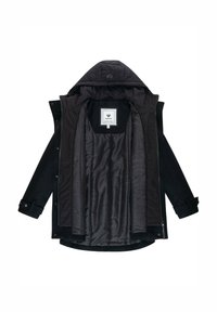 Svart jacka med avtagbar huva, med en mjuk innerfoder, tryckknappsstängningar och knäppningar vid ärmarna. Enkel och funktionell design.