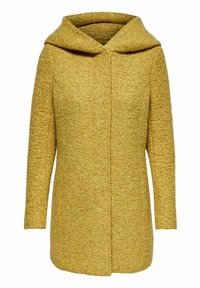 Gelber Wollmantel mit strukturierter Oberfläche, ausgestattet mit einer weiten Kapuze, langen Ärmeln und einer geraden Silhouette. Vordere Knopfverschluss, keine sichtbaren Beschläge.