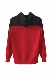 Felpa con cappuccio rossa e nera, caratterizzata da un design a blocchi di colore con un corpo rosso uniforme e una parte superiore nera, realizzata in un tessuto liscio.