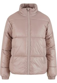 Puffjakke i myk rosa, laget av glansfull nylon. Har høy krage, glidelås foran og ribbede mansjetter. Kviltet design gir tekstur.
