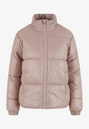 Pufferjack in zachtroze, gemaakt van glanzend nylon. Heeft een hoge kraag, een rits aan de voorkant en ribgebreide manchetten. Gevoerde ontwerp voegt textuur toe.