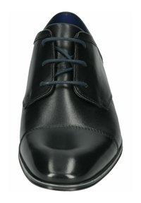 Schwarze Leder- bindschuhe mit glatter Oberfläche, runder Zehenform und kontrastierenden dunkelblauen Schnürsenkeln. Verfügt über gestickte Akzente entlang der Sohle.