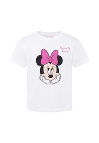T-shirt bianco in cotone con una grafica stampata raffigurante il volto di un personaggio dei cartoni animati, con un fiocco rosa glitterato e orecchie nere, mani che sorreggono il mento.