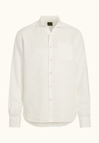 Camicia di lino bianca con apertura frontale a bottoni, maniche lunghe, taschino sul petto singolo e una leggera trama. Orlo arrotondato e colletto classico.