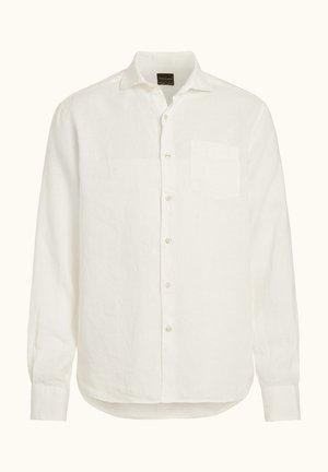 Biała lniana koszula z zapięciem na guziki z przodu, długimi rękawami, pojedynczą kieszenią na piersi i subtelną teksturą. Zaokrąglony dół i standardowy kołnierzyk.