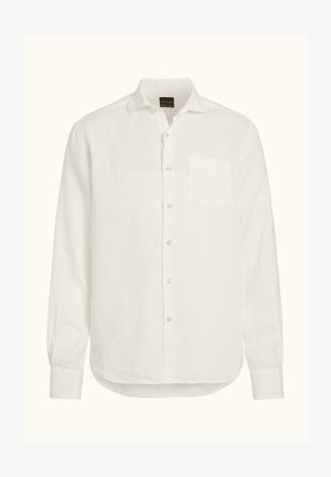 Biała lniana koszula z zapięciem na guziki z przodu, długimi rękawami, pojedynczą kieszenią na piersi i subtelną teksturą. Zaokrąglony dół i standardowy kołnierzyk.