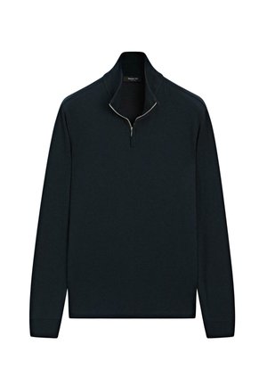 Sort sweatshirt med lange ærmer og ståkrave, der har en kvart lynlås og en glat, blød tekstur. Casual design, der er velegnet til lag-på-lag.