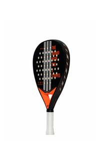 Schwarzes Padel-Schläger mit strukturiertem Oberflächen, orangefarbigen Akzenten und einem auffälligen Logo. Verfügt über einen Griffgriff und runde Löcher für den Schlag.
