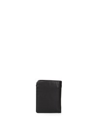 Portefeuille en cuir noir, design bifold, texture lisse, sans motifs visibles, taille compacte, minimaliste, bords lisses.