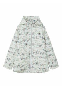 Blumenmuster-Jacke in Hellgrün mit Reißverschluss vorne, Kapuze und weichem Material. Verziert mit kleinen Blumendesigns in Pink, Blau und Beige.