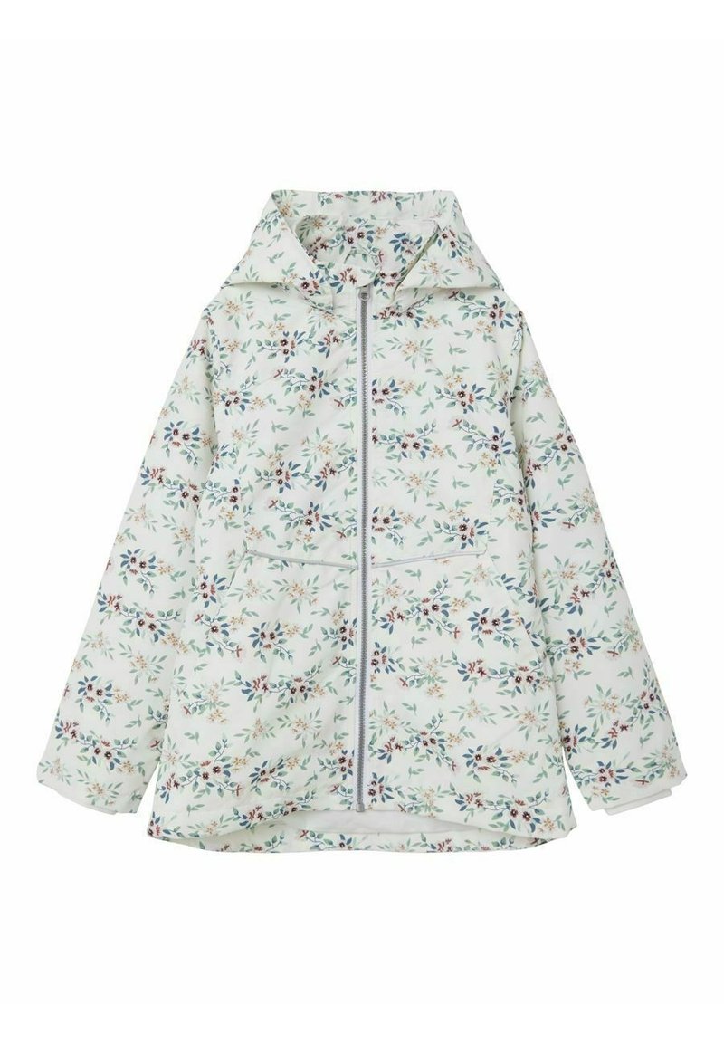 Blumenmuster-Jacke in Hellgrün mit Reißverschluss vorne, Kapuze und weichem Material. Verziert mit kleinen Blumendesigns in Pink, Blau und Beige.
