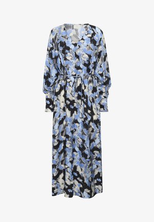 Robe longue à fleurs en bleu, noir et blanc. Dotée d'un décolleté en V, de manches longues et d'une taille avec cordon de serrage pour l'ajustement. Tissu léger.