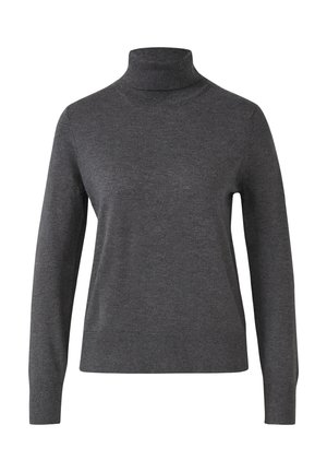 Grauer Rollkragenpullover aus weichem, glatten Strickstoff. Mit langen Ärmeln und einer taillierten Passform, versehen mit einem gerippten Kragen und Bündchen.