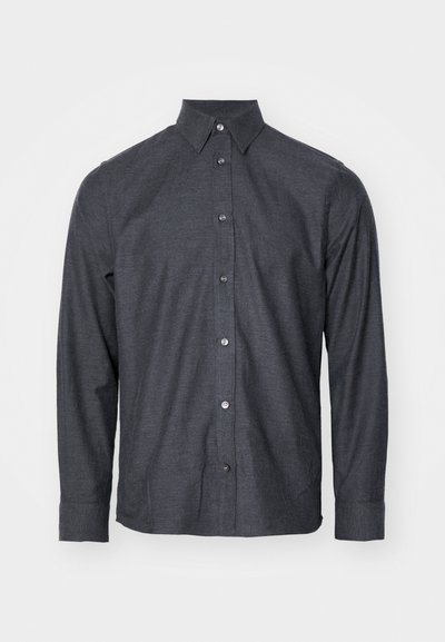 Dark gray long-sleeve shirt with a button-up front, pointed collar, and textured fabric. Features matching buttons down the center.