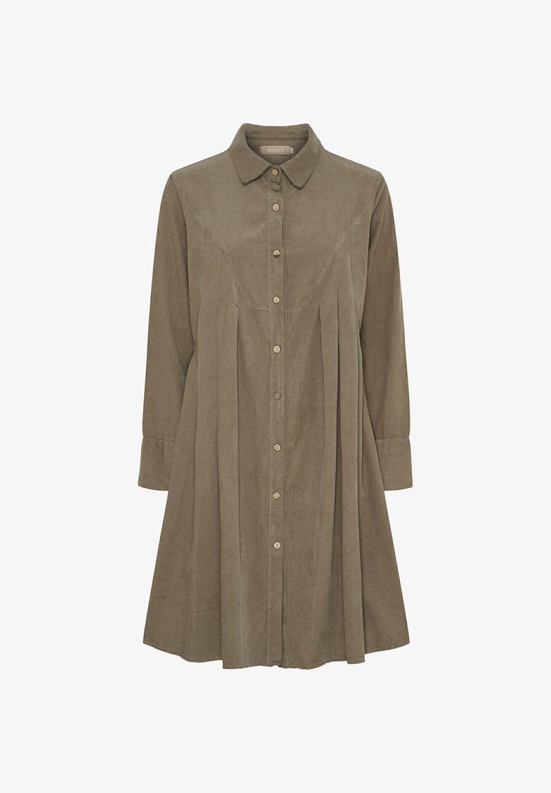 Langærmet, knap-åben kjole i olivengrøn fløjl, med krave, plisseret front og manchetter ved ærmerne.